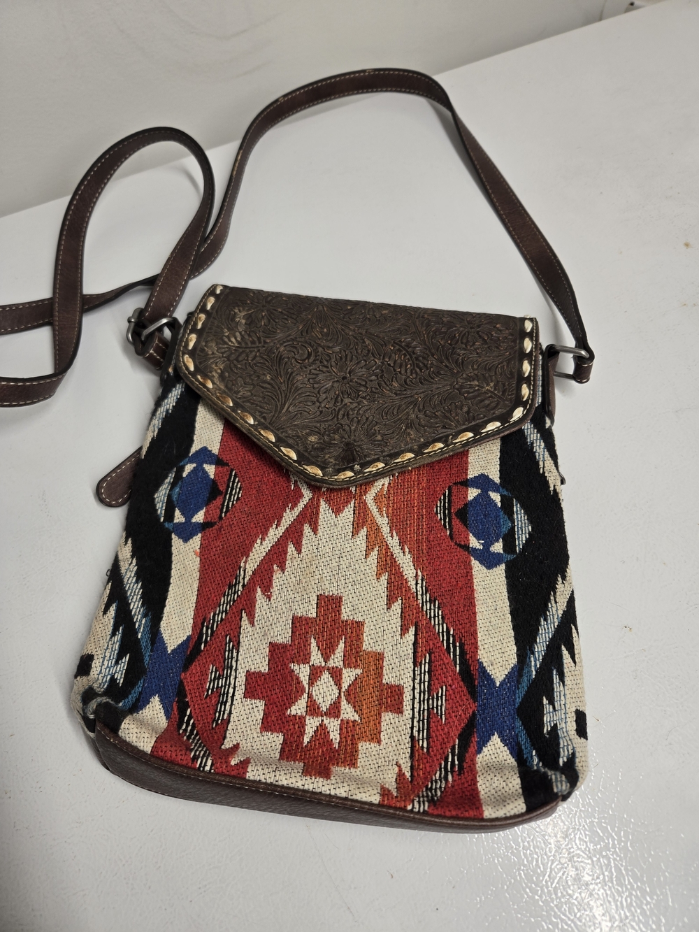 Boho Aztec Crossbody Bag with Brown Leather Flap Concealed Carry